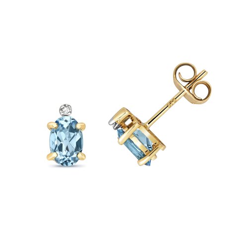 Diamond & Blue Topaz Oval Claw Set Studs In 9ct Gold 