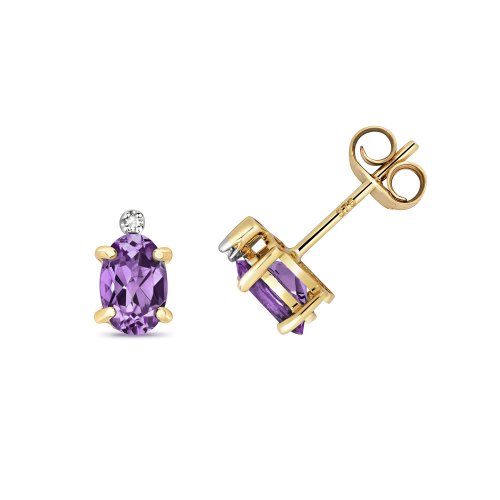 Diamond & Amethyst Oval Claw Set Studs In 9ct Gold 