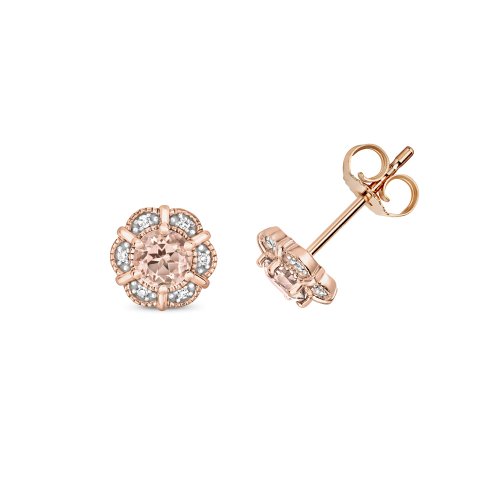 Diamond & Morganite Round Deco Style Cluster Studs In 9ct Rose Gold 