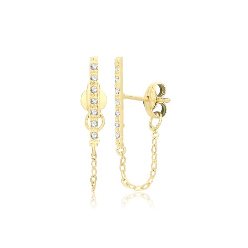 9ct Gold Cz Bar Studs With Chain 