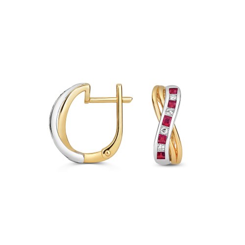 Diamond & Ruby Square 2 Tone Crossover Hoops In 9ct Gold 