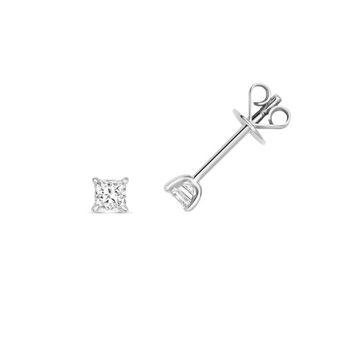 Diamond Princess Cut Earring Studs In 18ct White Gold 
