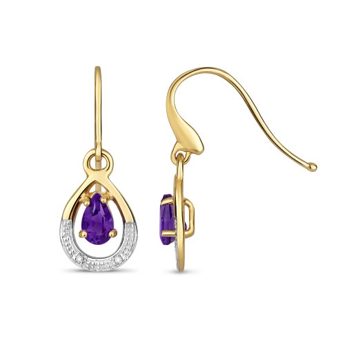 Diamond & Amethyst Drop Earrings In 9ct Gold 