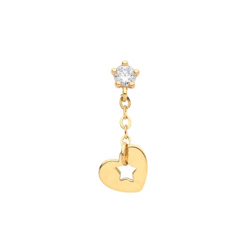 9ct Gold Cz Heart Chain Dangling Cartilage Stud 
