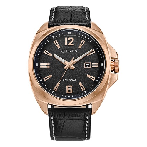 Citizen Men's Eco-Drive Rose Gold Endicott lack Dial and Black Leather Strap Watch