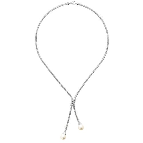 Silver Rhodium Plated Cz Set And Pearl Mesh Necklet 