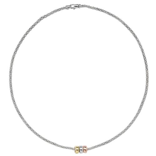 Silver Rhodium Plated Tricolour Gold Plated Rings Mesh Necklet 