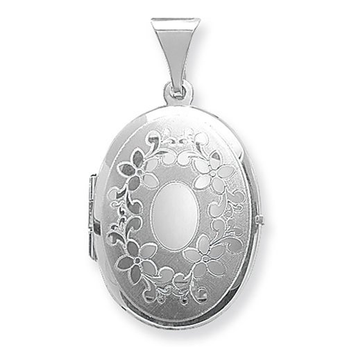 Silver Flower Design Engraved Oval Locket 
