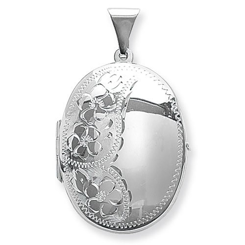 Silver Flower Design Engraved Oval Locket 
