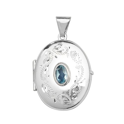 Silver Blue Topaz Engraved Oval Locket 