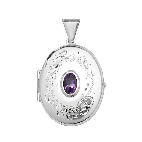 Silver Amethyst Engraved Oval Locket 