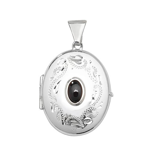 Silver Garnet Engraved Oval Locket 