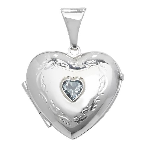 Silver Blue Topaz Engraved Heart Locket 