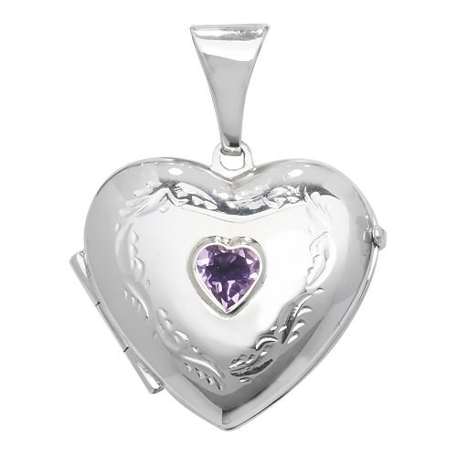 Silver Amethyst Engraved Heart Locket 