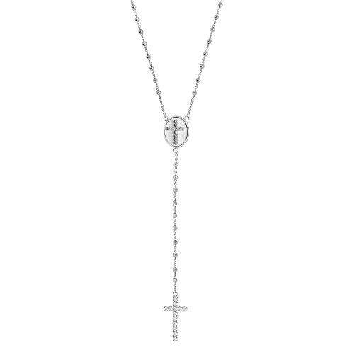 Silver Rhodium Plated Cz Rosary Necklet 