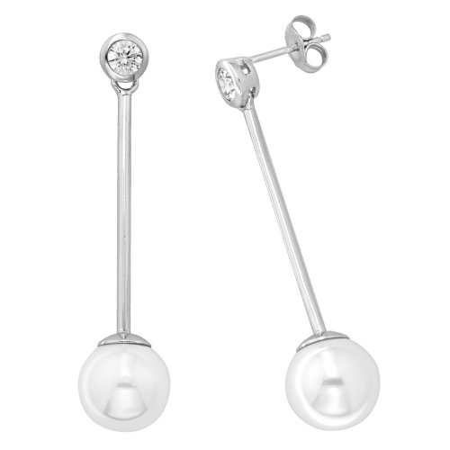 Silver Rhodium Plated Cz Bezel And Pearl Bar Drops 