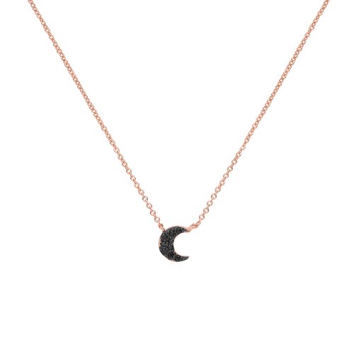 Silver Rose Gold Plated Black Cz Crescent Moon Necklet 