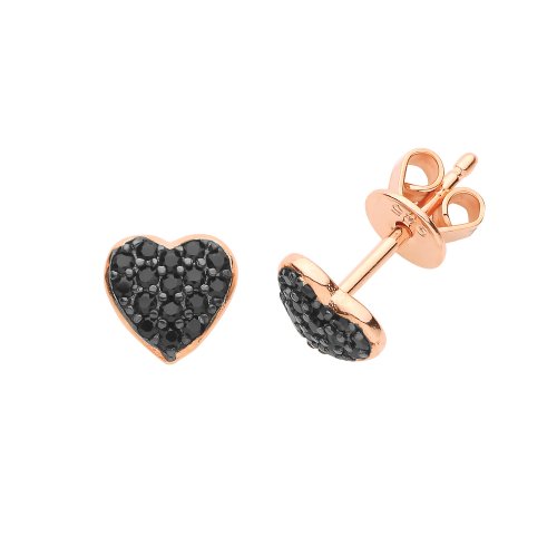 Silver Rose Gold Plated Black Cz Heart Studs 