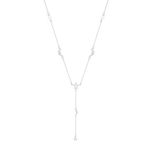 Silver Rhodium Plated Crescent Moon And Stars Drop Necklet 