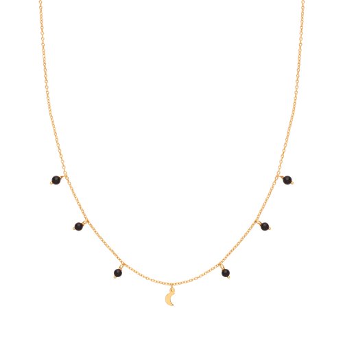 Silver Yellow Gold Plated Crescent Moon And Black Agate Charms Necklet 