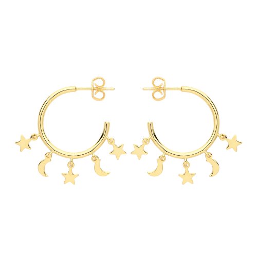 Silver Yellow Gold Plated Star-moon Charms Hoop Drops 