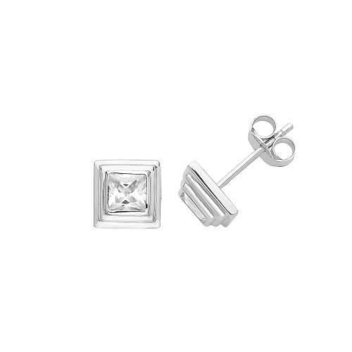 Silver Cz Set Square Studs 