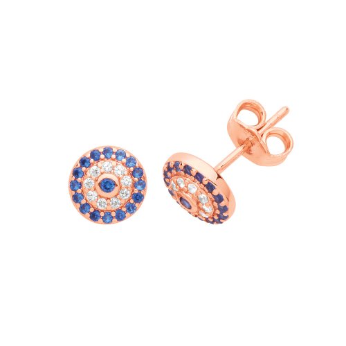 Silver Rose Gold Plated White And Blue Cz Round Evil Eye Stu 