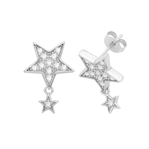 Silver Rhodium Plated Cz Double Star Studs 