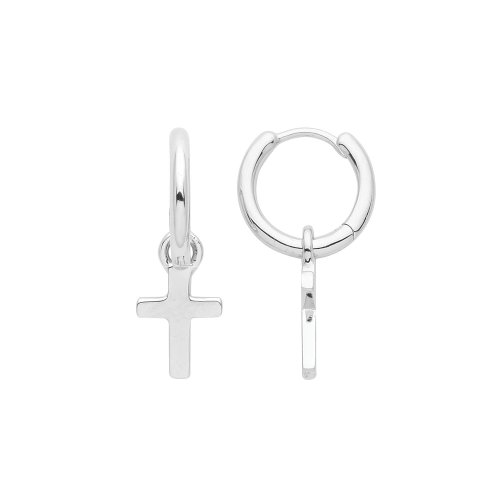 Silver Rhodium Plated Cross Charm On Hoop 