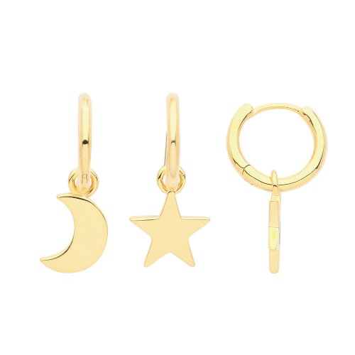 Silver Yellow Gold Plated Moon And Star Charms On Hoop 