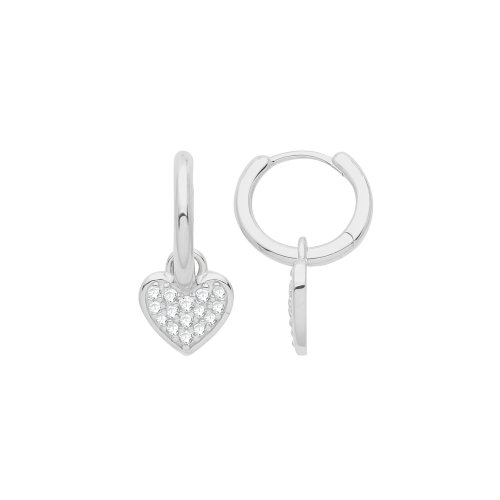 Silver Rhodium Plated Cz Set Heart Charm On Hoops 