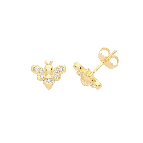 Silver Yellow Gold  Plated Cz Set Bee Studs 