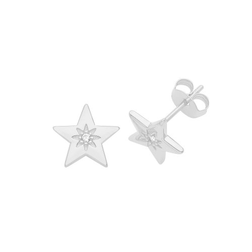 Silver Rhodium Plated Cz Set Star Studs 