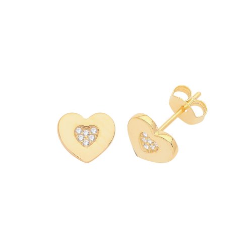 Silver Yellow Gold Plated Cz Set  Heart Studs 