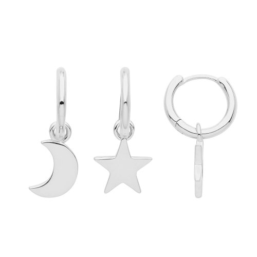 Silver Rhodium Plated Moon And Star Charms On Hoop 
