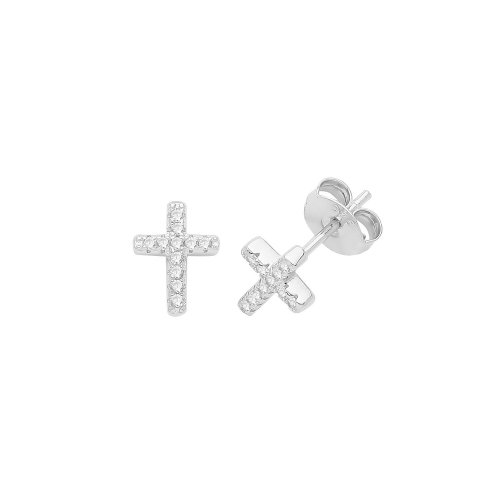 Silver Rhodium Plated Cz Set Cross Studs 