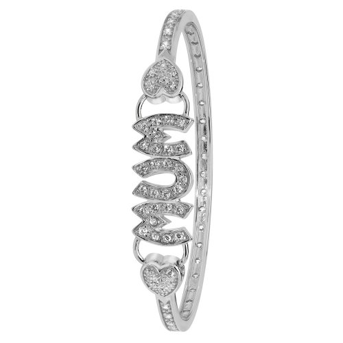 Silver Cz Mum And Heart Hinged Oval Bangle 