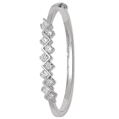 Silver Cz Zigzag Hinged Oval Bangle 