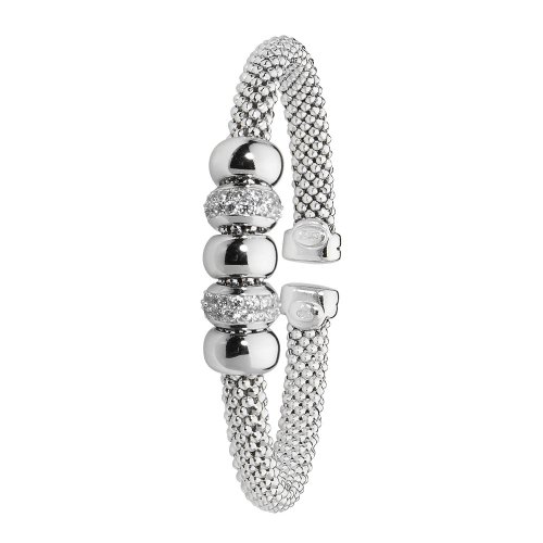 Silver Rhodium Plated Cz Beaded Mesh Bangle 