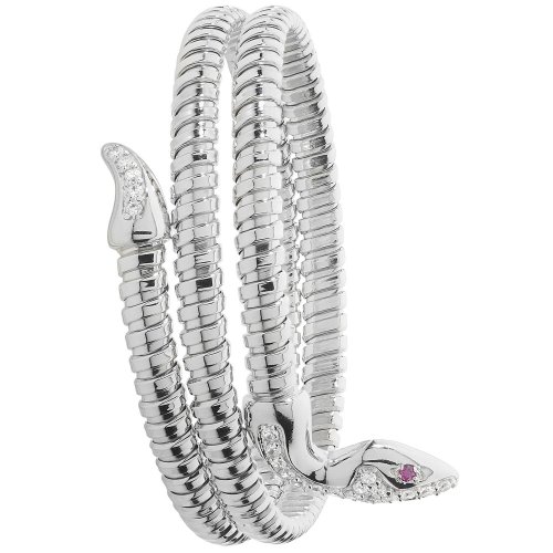Silver Rhodium Plated Red Eyes Cz Snake Bangle 