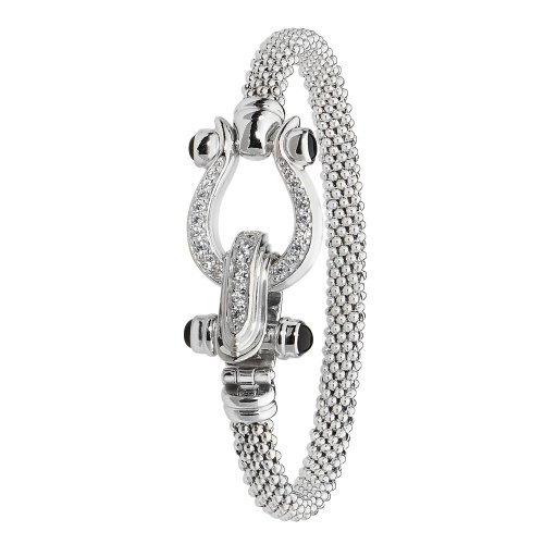 Silver Cz Horseshoe Clasp Mesh Bangle 