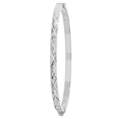 Silver Diamond Cut Square Tube Hinged Oval Bangle 