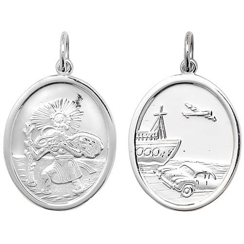 Silver St Christopher Double Sided Oval Pendant 