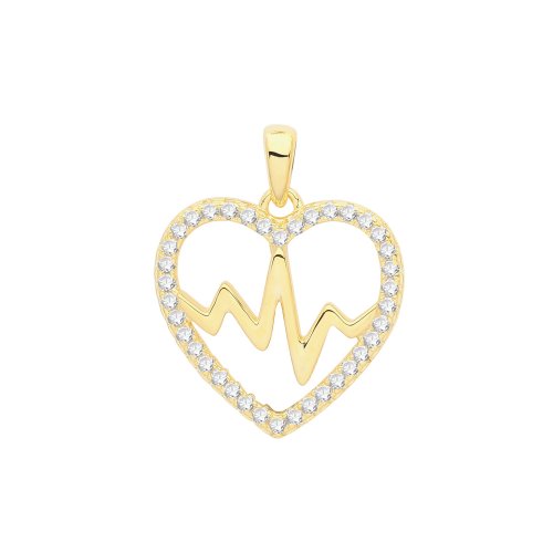 Silver Yellow Gold Plated Cz Set Heart Beat Pendant 