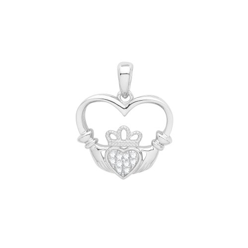 Silver Rhodium Plated Cz Set Heart Claddagh Pendant 
