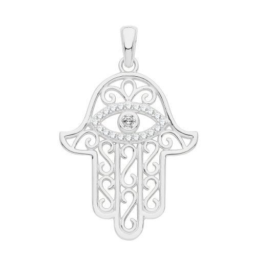 Silver Rhodium Plated Cz Set Hamsa Pendant 