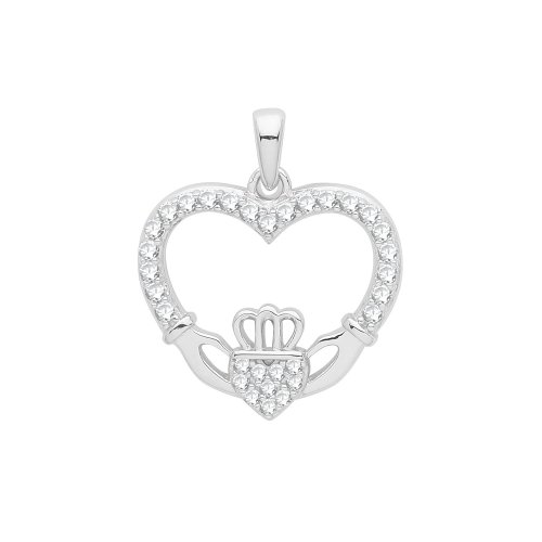 Silver Rhodium Plated Cz Set Heart Claddagh Pendant 