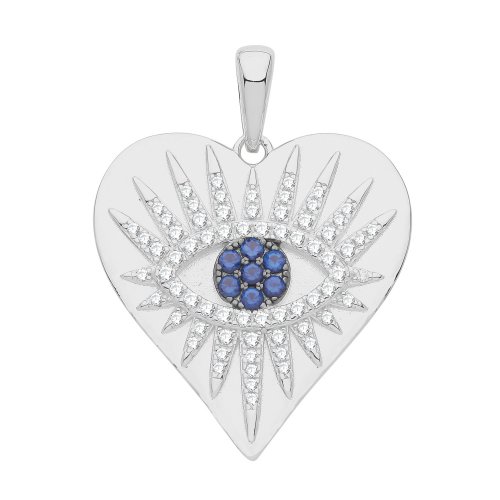 Silver Rhodium Plated Cz Evil Eye Heart Pendant 
