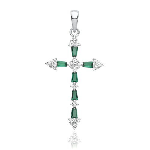 Silver Rhodium Plated Cz Cross Pendant Green 