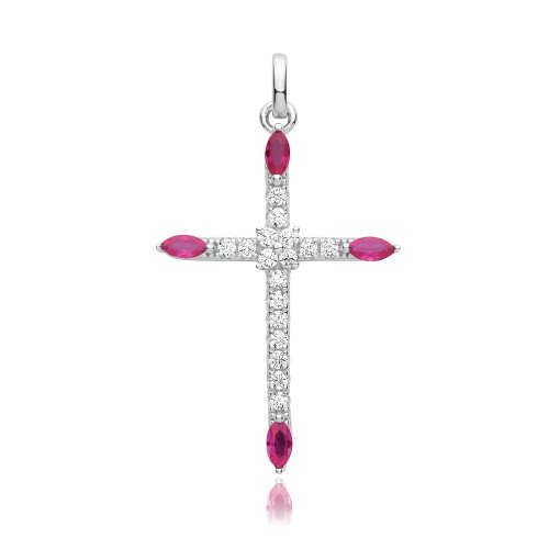 Silver Rhodium Plated Cz Cross Pendant Red 